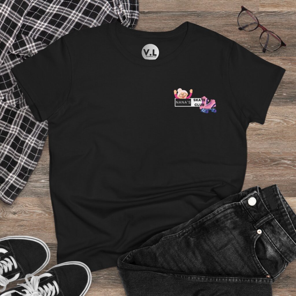 image showing the fron of Nana's Skate Club shirt. The back reads "BEND YOUR KNEES"