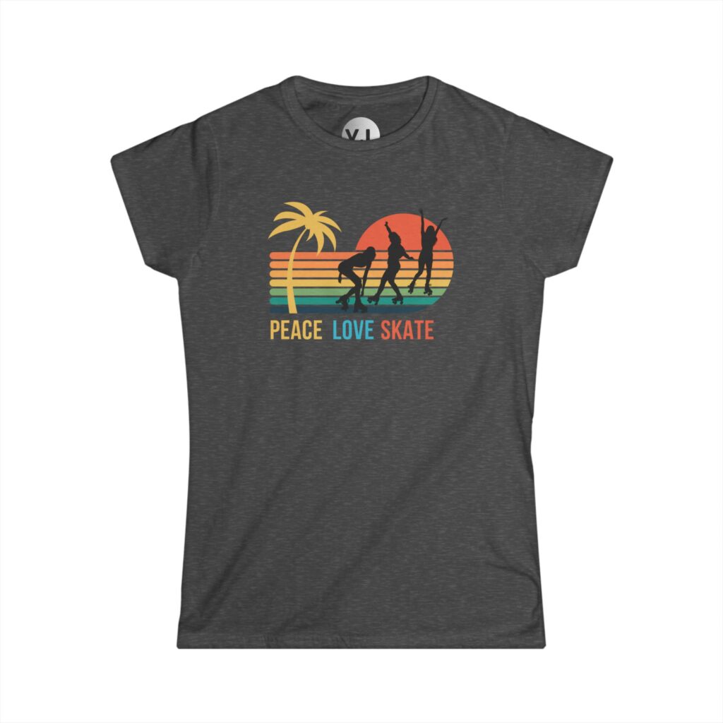 Peace Love Skate - beach themed rollerskating shirt, sunset colors, palm trees and roller derby girls rollerskating on the beach