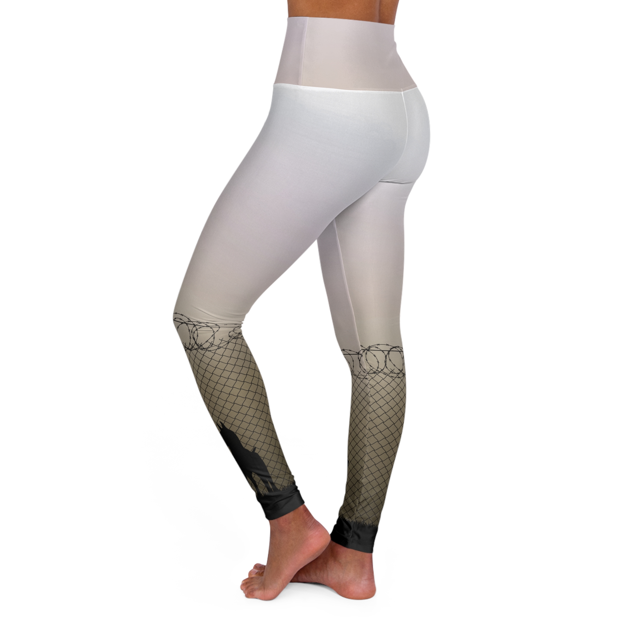 Let your dogs out - super supportive high-waisted skating leggings, dog silhouette with chain link fence and barbed wire