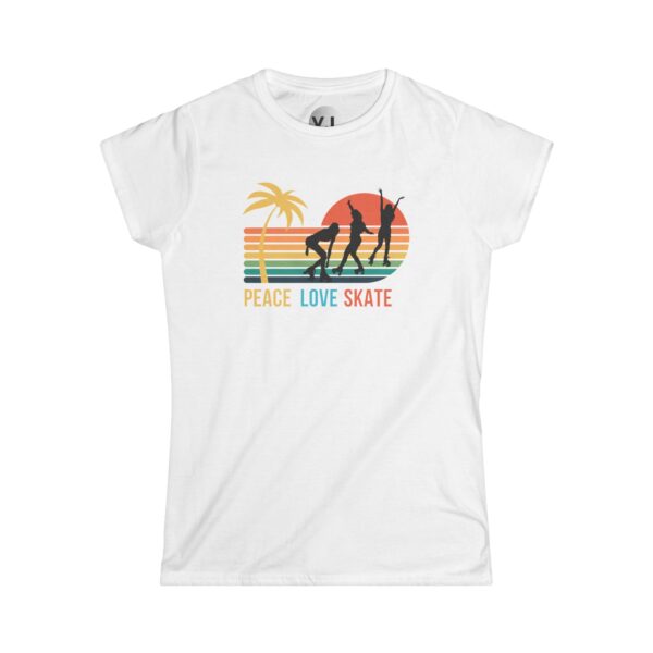 Peace Love Skate - beach themed rollerskating shirt, sunset colors, palm trees and roller derby girls rollerskating on the beach