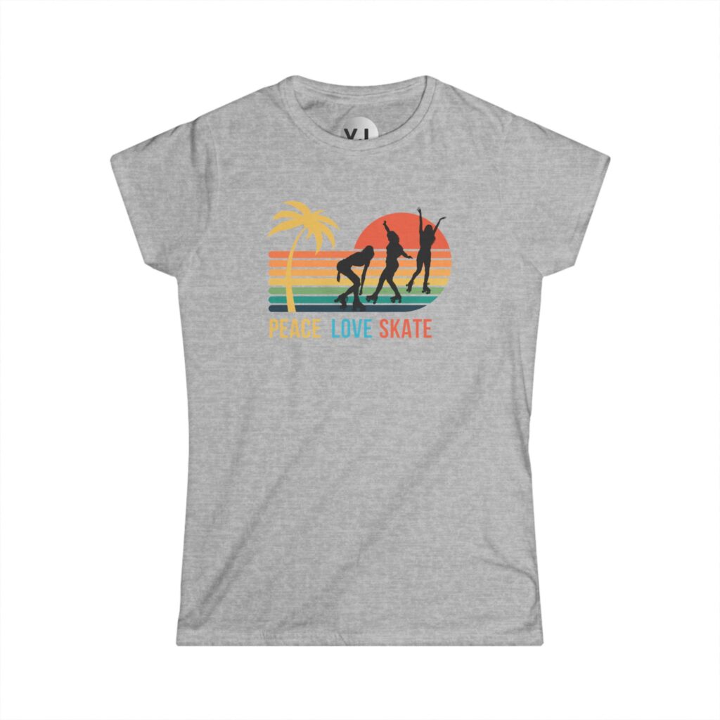Peace Love Skate - beach themed rollerskating shirt, sunset colors, palm trees and roller derby girls rollerskating on the beach